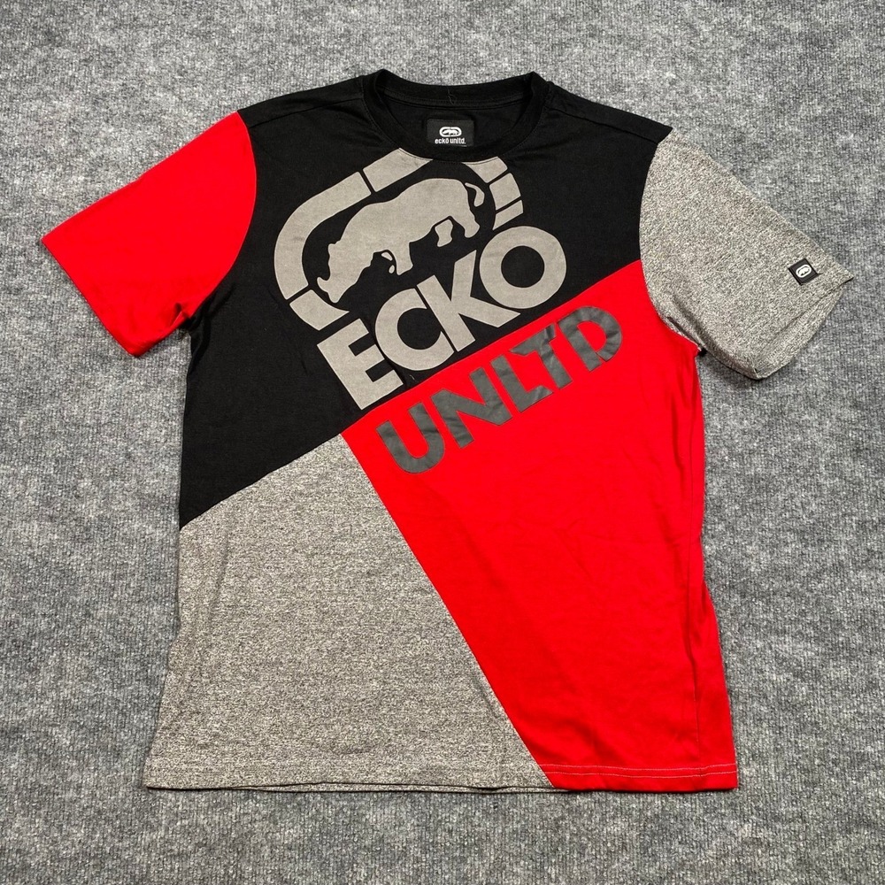 Ecko Unltd Mens T-Shirt Medium Red Black Gray Colorblock Rhino Logo Graphic Tee - Picture 1 of 6